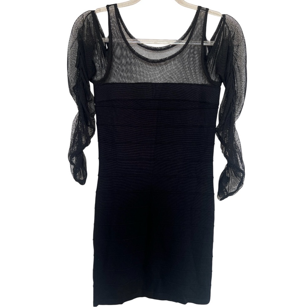 Tricot Joli Cocktail Mini Black Dress With Mesh Sleeves - Size Small